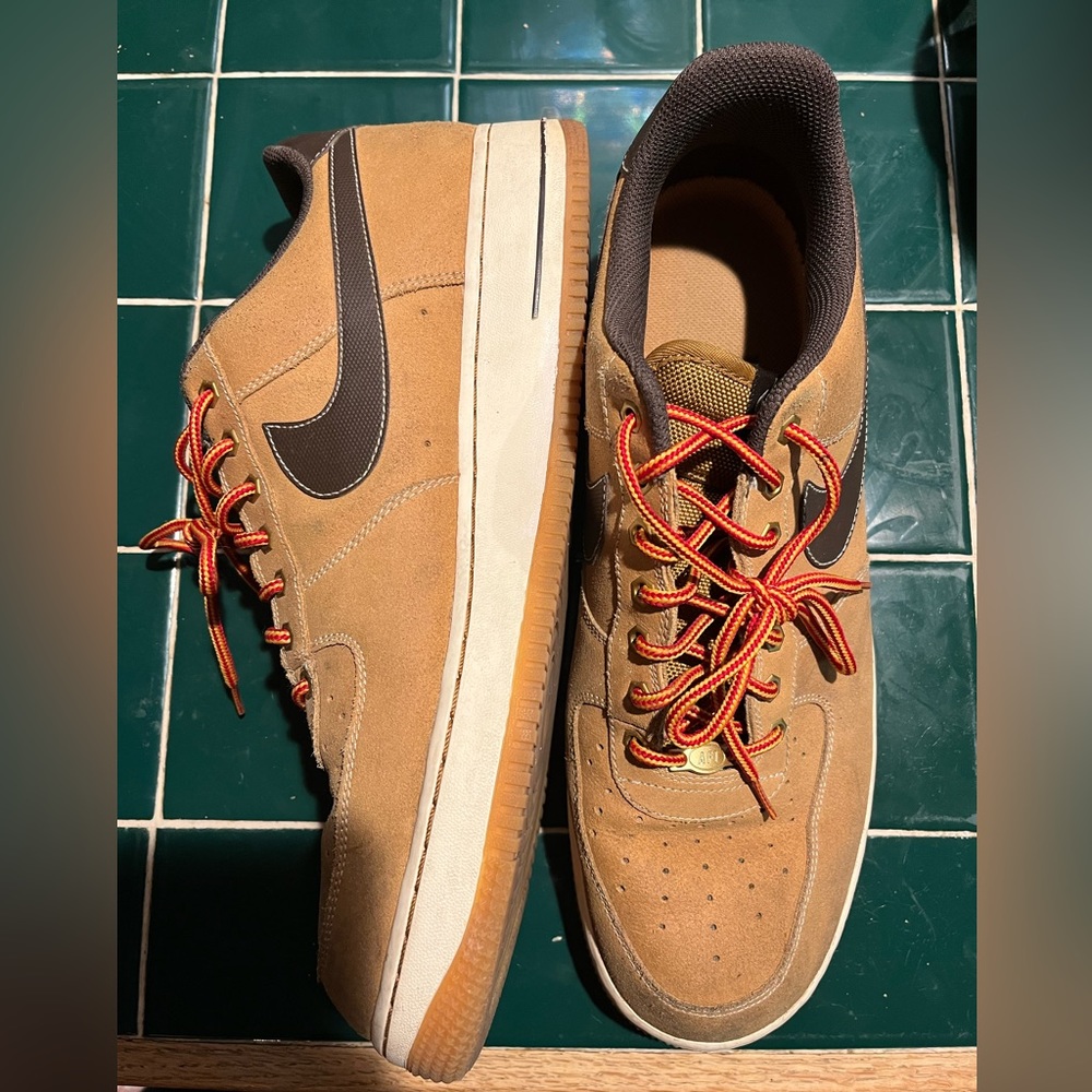 Brown Air Force 1 with red and yellow laces